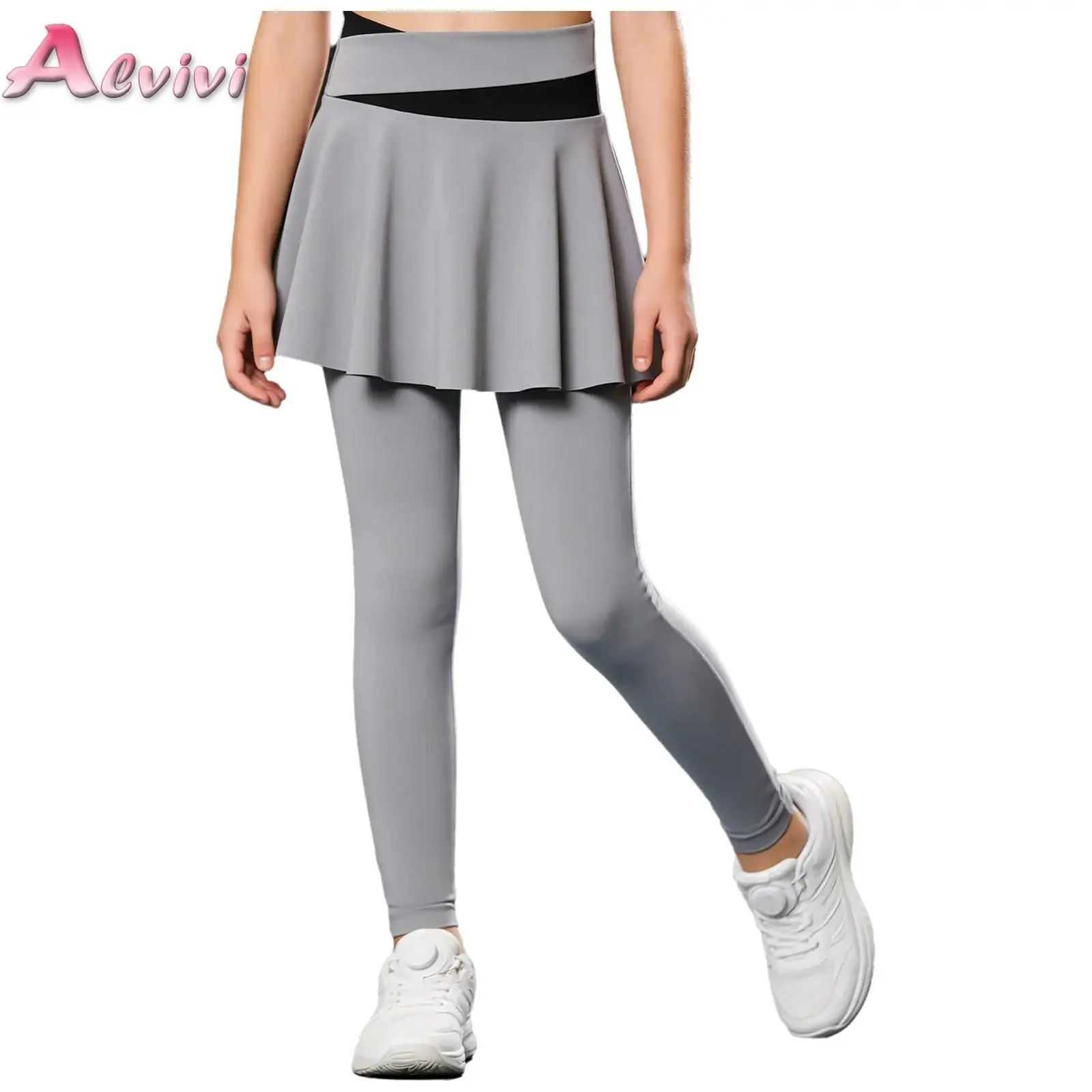 

Kid Girls 2 in 1 Quick-Drying Yoga Pantskirt High Waist Contrast Color Elastic Waistband Skirted Leggings for Tennis Golf Sports