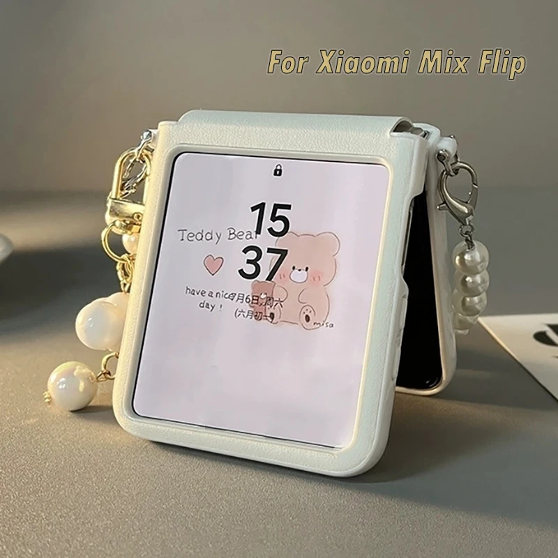 

mixflip case white leather cute flip phone case for Xiaomi Mix Flip Cover with pearl chain Gilrs Fundas Carcasa