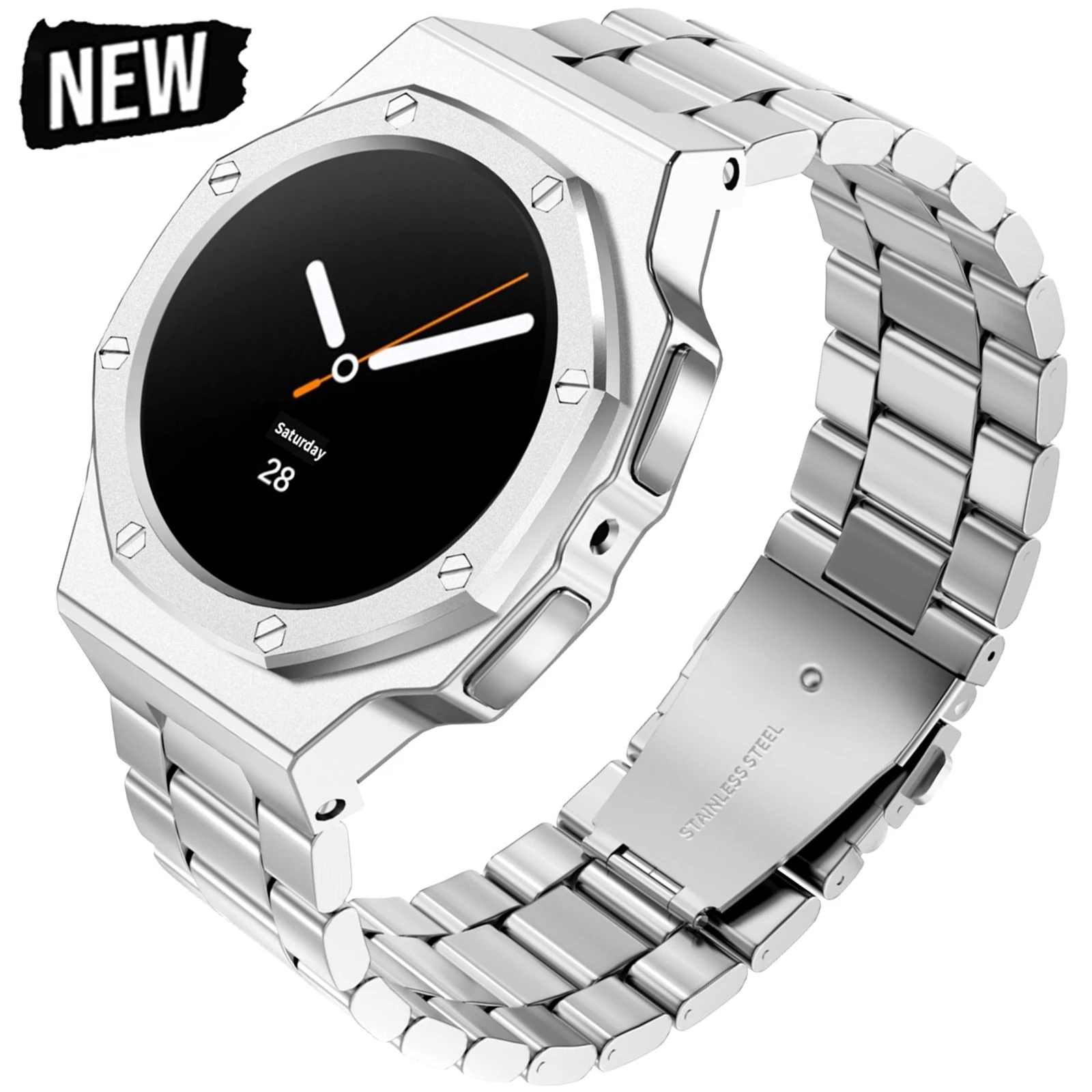 Kit de modificação de luxo para samsung watch 8 clássico 46mm caixa de metal faixa de borracha para relógio 8 40mm 44mm kit de reequipamento acessórios