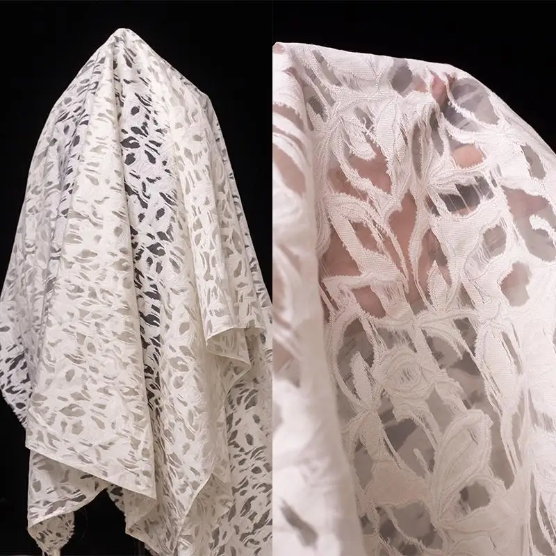 Hollow Mesh Jacquard Embroidery Fabric Almond White Flower Texture Irregular Pattern Hazy Perspective Decoration Designer Cloth