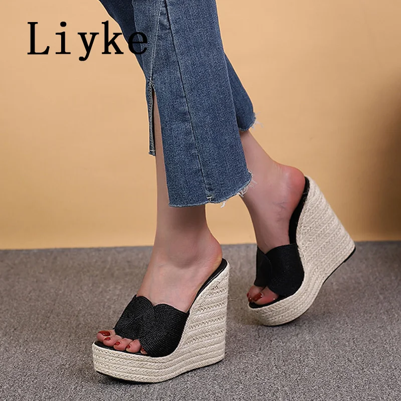 Liyke-Zapatillas con punta de plataforma abierta para mujer, Sandalias de tacón alto hechas a mano con tejido de cáñamo, a la moda, Verano