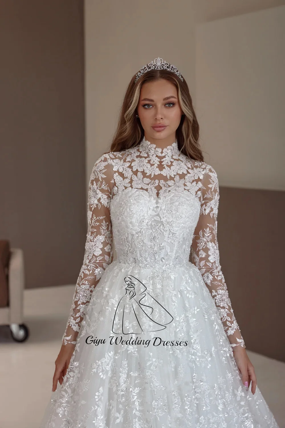 Giyu Gorgeous Full Lace Long Sleeves Wedding Dresses For Woman A Line High Neck Bridal Gown Pretty Wedding Gown Customized
