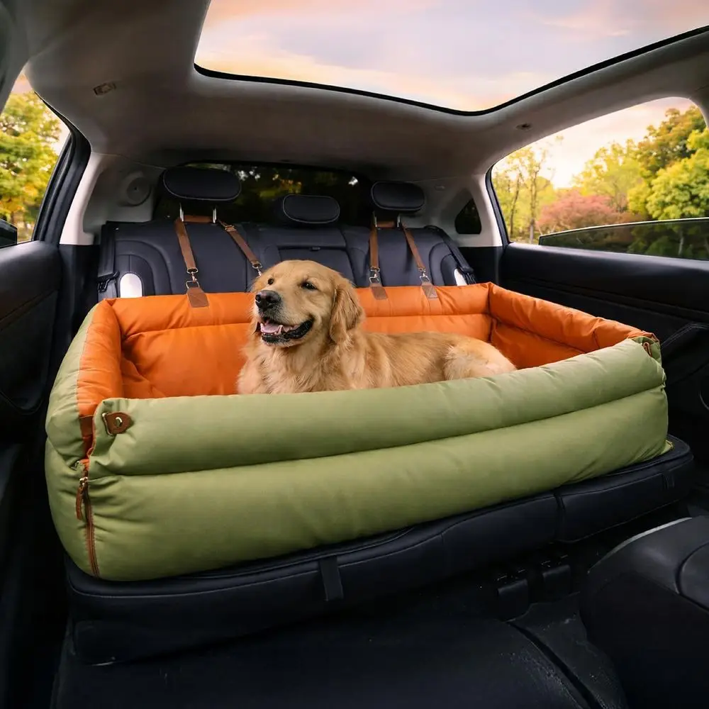 Waterproof Large Dog Car Seat with Safety Leash, Soft Memory Foam, Washable Travel Pet Bed (Green)