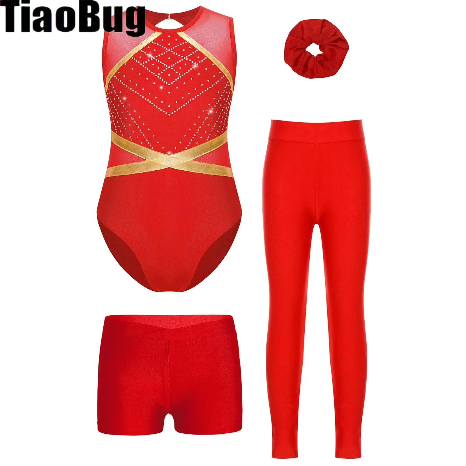 Set da ballo per pattinaggio di figura per bambina, body patchwork senza maniche con strass scintillanti con pantaloncini a V, leggings e copricapo