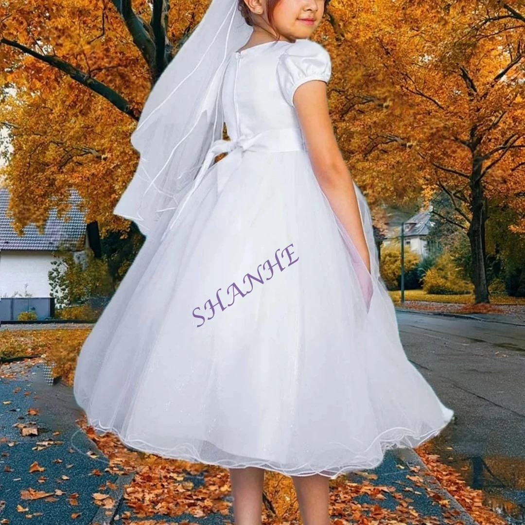 

Белое кружевное тюлевое мини-свадебное платье для девочек-цветочниц с пышными рукавами длиной до чая, платье для первого причастия, платья на заказ