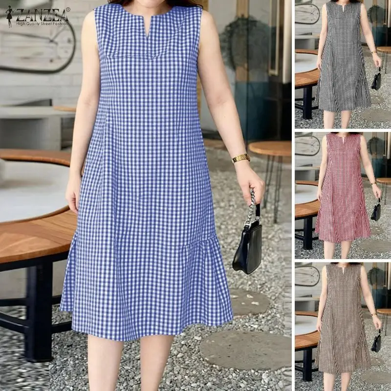 2026 ZANZEA Damen Sommer Kariertes Kleid Mode V-Ausschnitt Ärmellos Arbeitskleider Elegant Lässig Urlaub Strand Sommerkleid Midi Vestidos