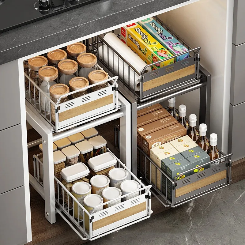 Kitchen Sink Pull-Out Storage Rack Double-Layer Home Condiment Bottles Dishes Cutlery Milk Coffee Capsule Storage Organizer Rack