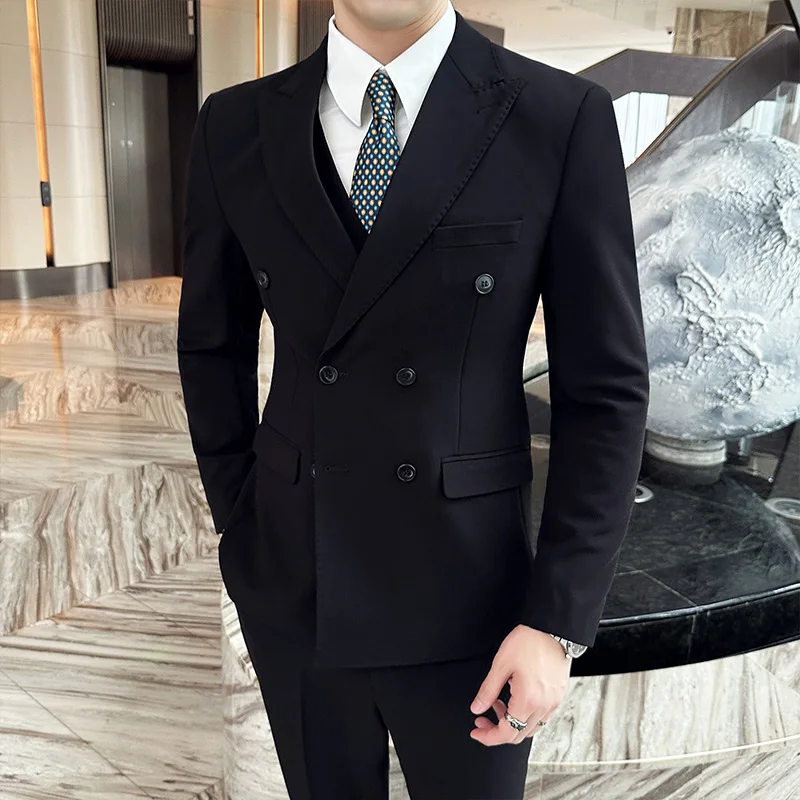 (Jackets+Vest+Pants) New Style Three-piece Double-Breasted Suits/Male Solid ColorBusiness Blazers Man Slim Groom\'s Wedding Dress