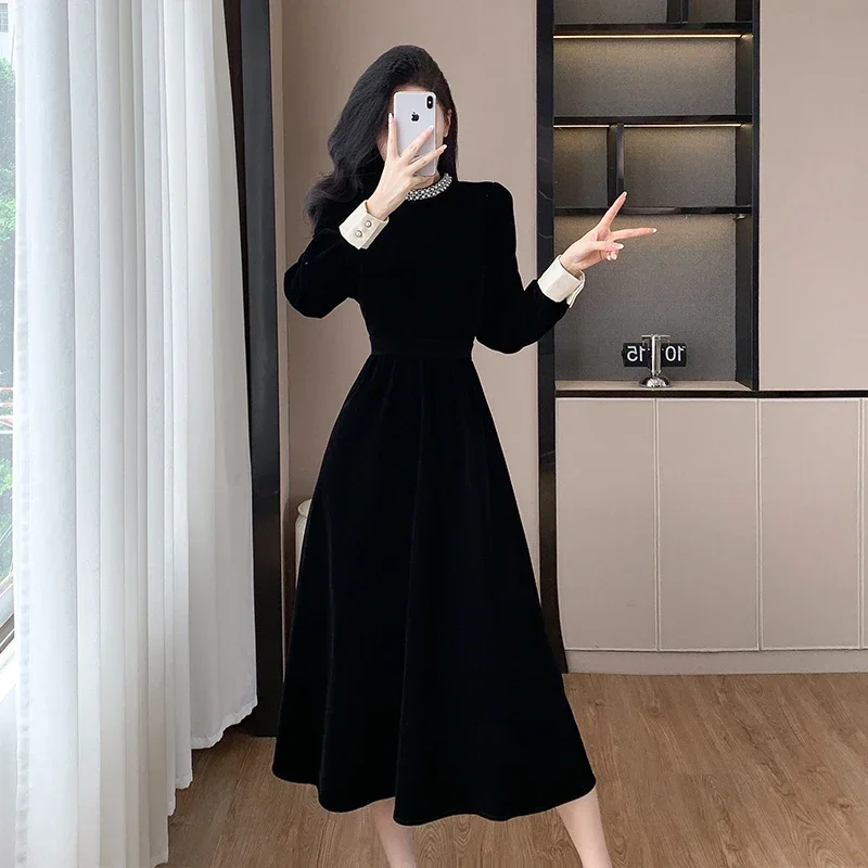 Elegant Long Dress Autumn Winter 2024 Velvet Black Beaded Long Sleeve Slim Midi Party Club Formal Birthday