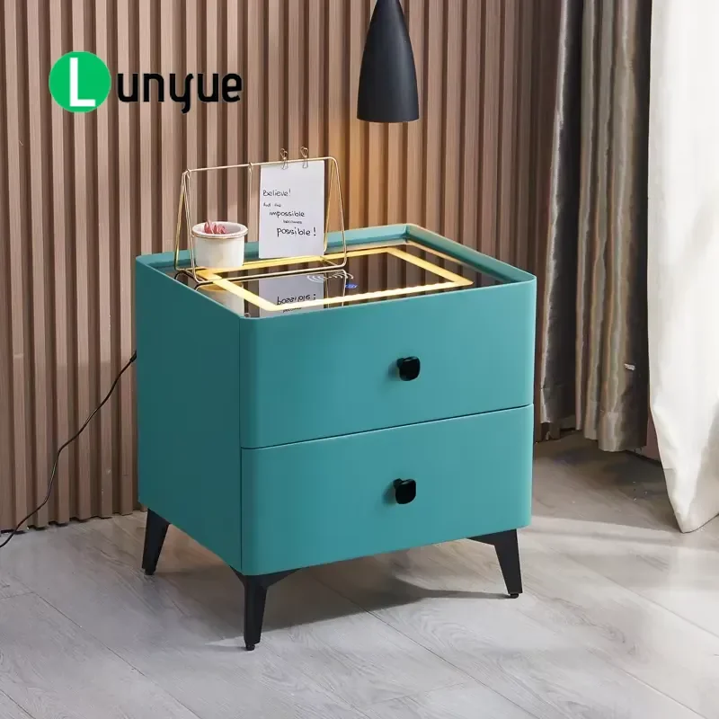 Modern Luxury Smart Bedside Table with LED Lamp Wireless Charging Fingerprint Recognition for Hotel Bedroom Furniture