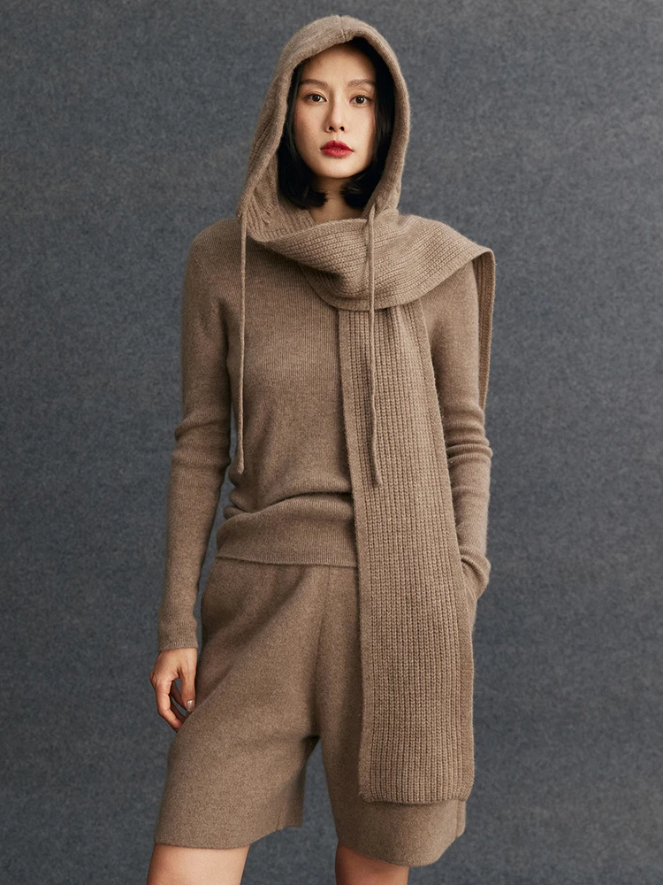 

TLOML Chic Women's 100% Cashmere Autumn Winter Cable Knit Hooded Cashmere Scarf Hat Keep Warm Cashmere Knitted Scarf Fashion Top