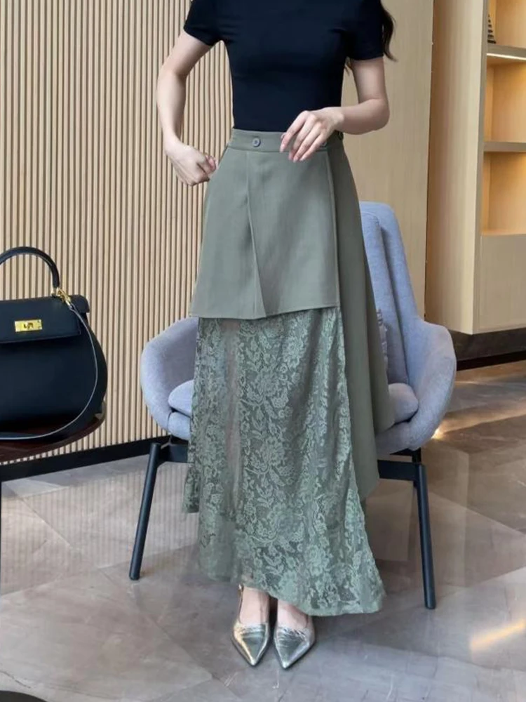 

Irregular Lace Splicing f Skirt Women's Summer New Sle Slimming Long Dr Unique Design Sense Skirts A-Line High Waist