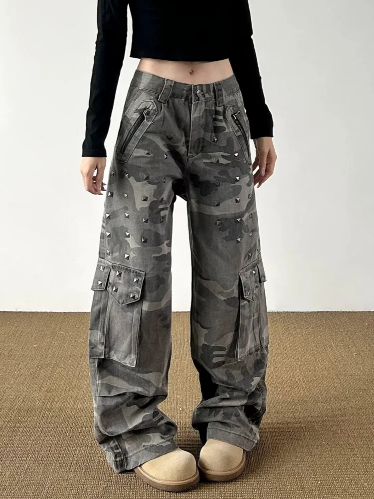2026 Gothic Y2K Style Washed Camouflage Rivet Design Baggy Women's Cargo Jeans Pants For Woman Clothing Streetwear Long Trousers