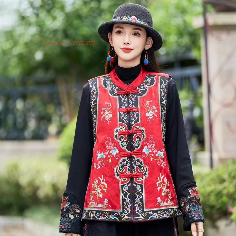 

2025 chinese vintage vest national flower embroidery satin jacquard vest sleeveless jacket hanfu tops cotton-padded folk vest