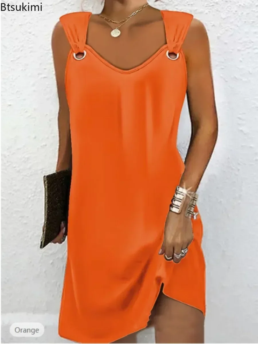 2025ผู้หญิงแฟชั่นฤดูร้อนชุดแขนกุดVคอปุ่มโลหะClub Party Dress Mini Daily Streetwearชุดหญิง