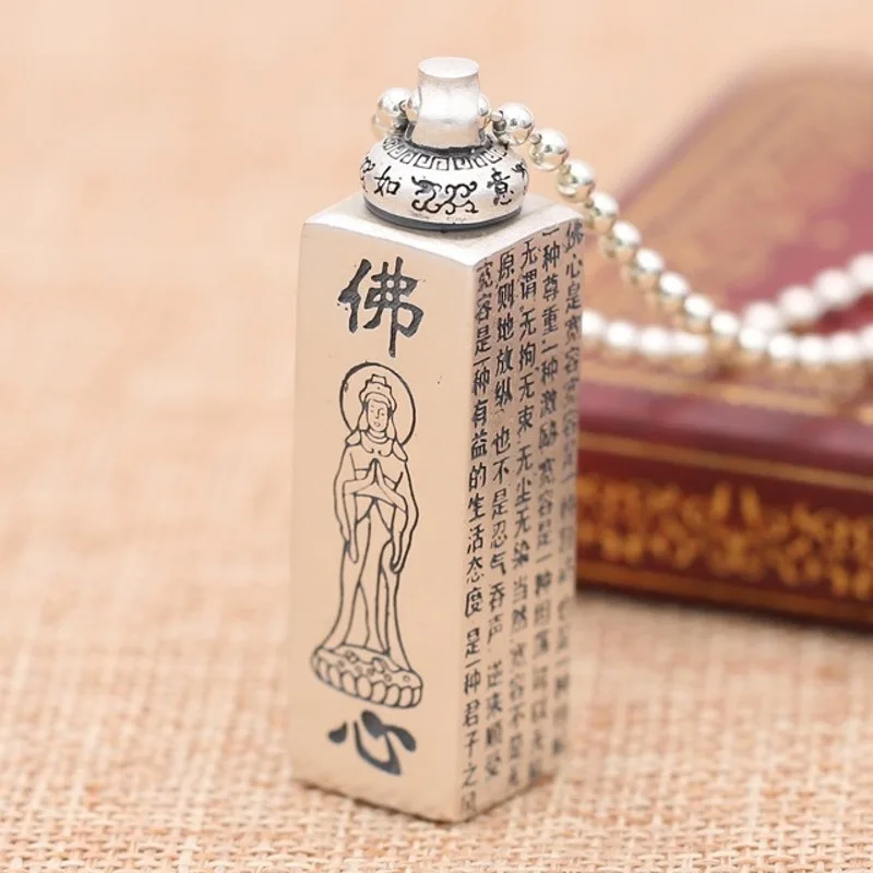 

Real Pure 990 Fine Silver Men Women Lucky Sutra Buddha Long Square Box Pendant 30.3g