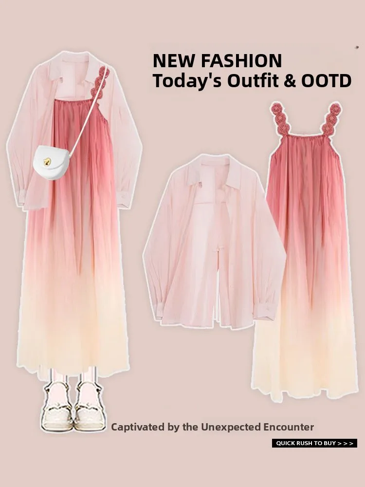 Graduated Color Strapless Dress Women's Summer 2024 Loose Design Sensation Match Thin Sun Protection Shirt Top Midi Skirt