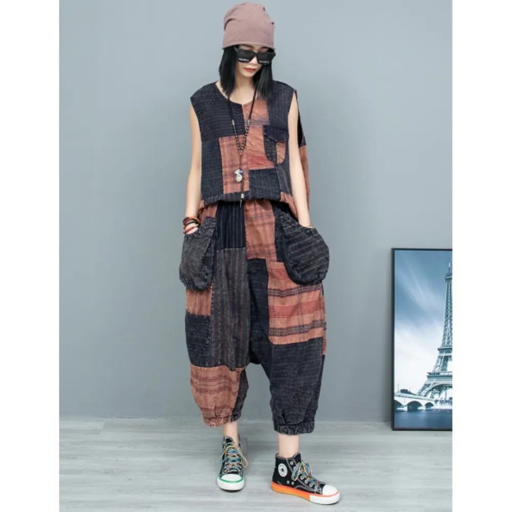 

Patchwork Backless Sleeveless Vest + Large Pocket Hanging Crotch Pants Two Piece Set Women 2024 Early Autumn Pant Set LX1781