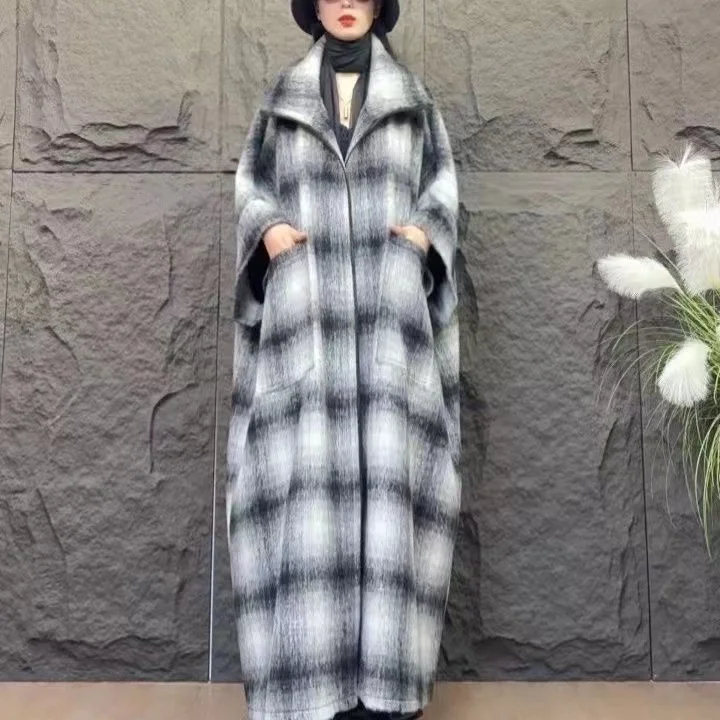 Vefadisa 2025 Primavera Autunno Nuovo Cappotto di lana da donna scozzese nero Risvolto Manica a pipistrello per cappotto tutto-fiammifero di moda semplice ZXY1037AF1