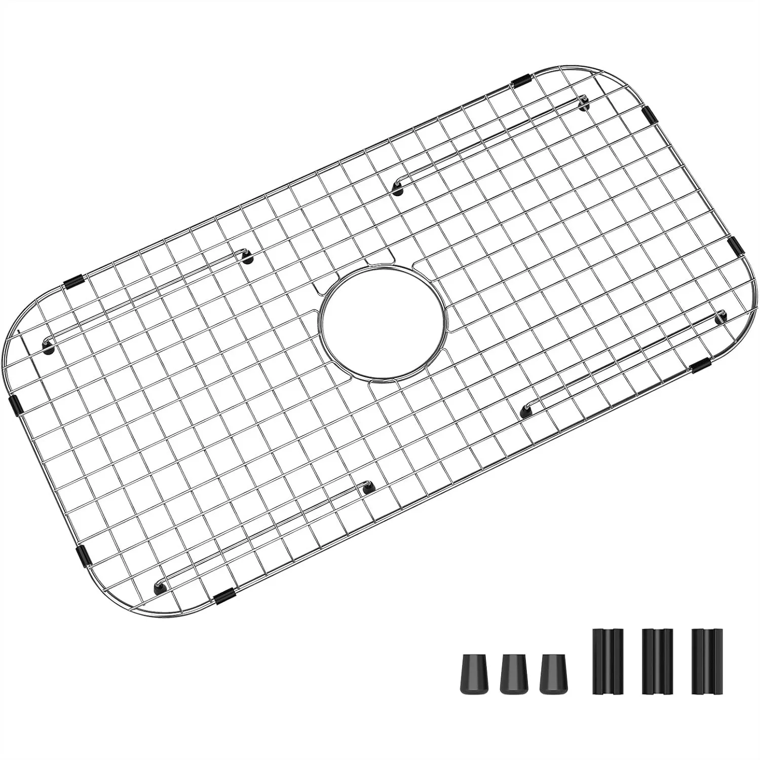 

Stainless Steel Sink Bottom Grid 27-1/2" x 14-1/4" with Center Drain and 3-1/2" Corner Radius for Kitchen Sink Protection