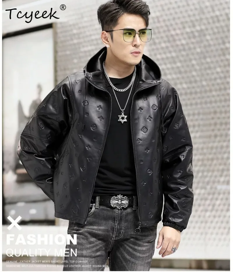 Tcyeek Calfskin Hooded Jackets Men Embossed Genuine Leather Coat Detachable Goose Down Liner  Men Leather Jacket Winter Clothes