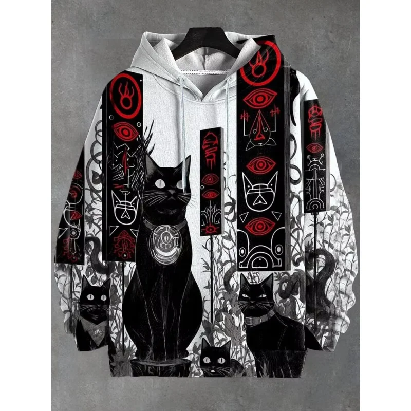 Cool Wizard Cat Pattern Hoodie For Men Funny Animal 3D Printed Long Sleeves Casual Hoodies Loose Sweatshirts Pullover Tops