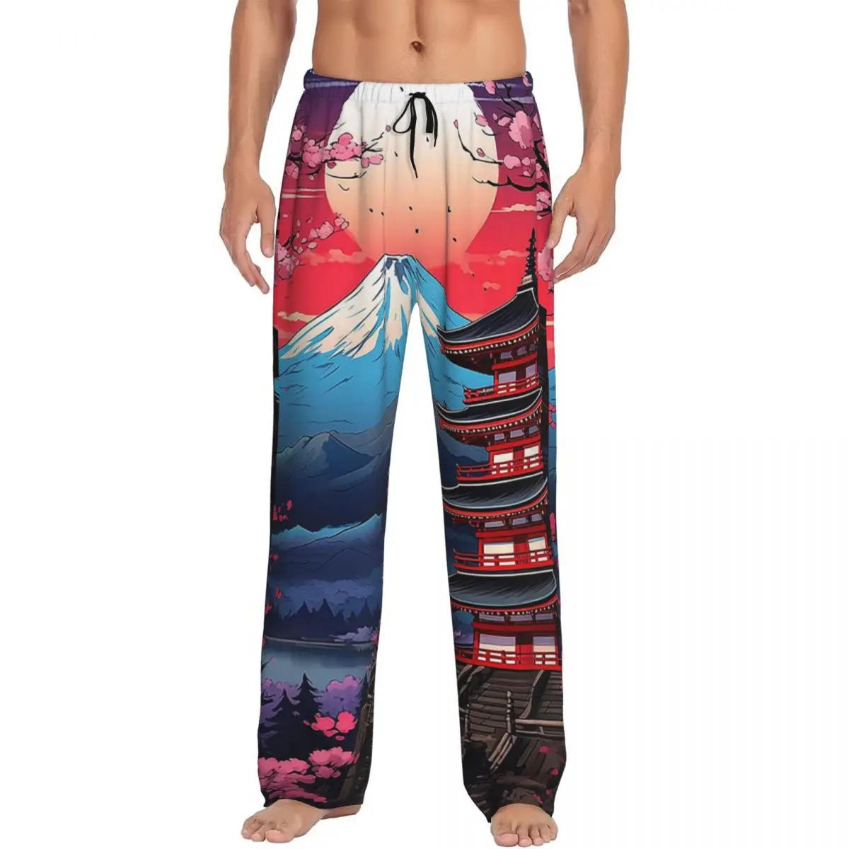 Custom Japan Sakura Cherry Blossoms With A Red Rising Sun Pajama Pants Men Sleepwear Sleep Lounge Bottoms with Pockets