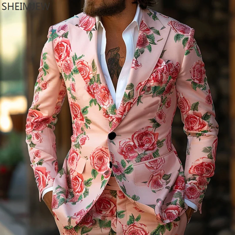 Traje de flores con estampado colorido rosa para hombre, traje clásico informal de negocios para exteriores, trajes de escenario Emcee, chaqueta y pantalón para club nocturno