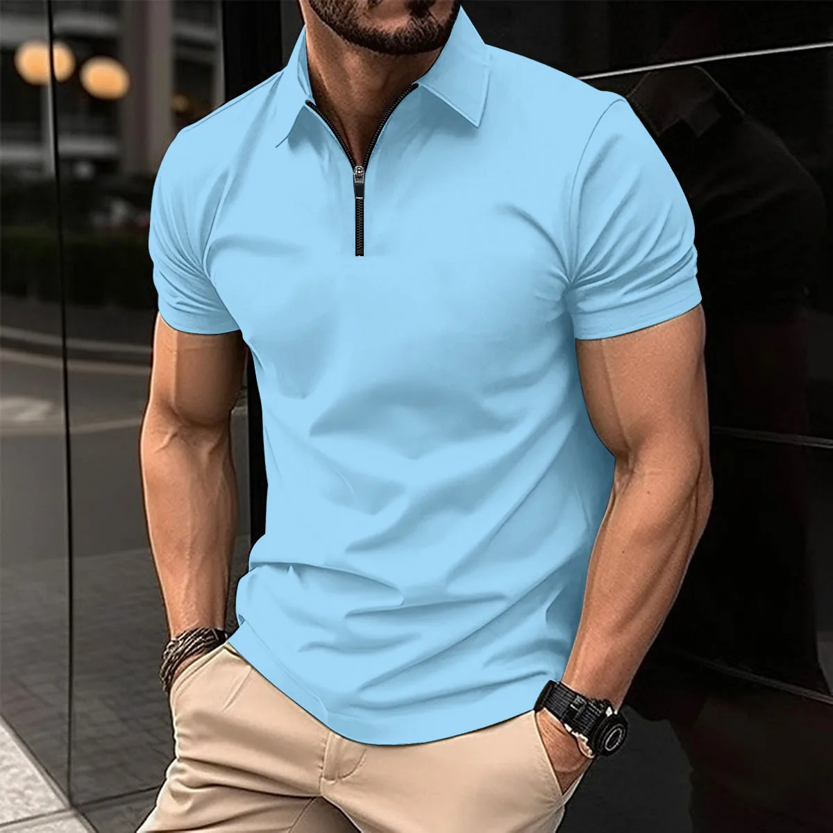 

2024 summer Europe and the United States men's POLO shirt, zipper solid color sports fitness slim beach pullover top