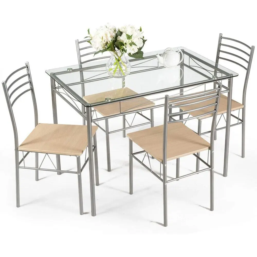 

Обеденный набор из 5 предметов: стол со стеклянной столешницей и серебристой металлической рамой, современный прямоугольный стол и стулья для дома или ресторана