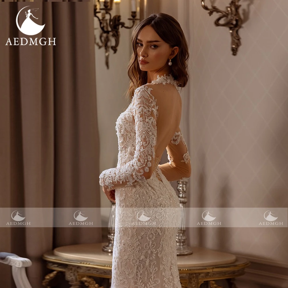 Aedmgh Mermaid Elegant Wedding Dresses 2024 Scalloped Long Sleeve Vestido De Novia Lace Embroidery Detachable Train Bride Dress