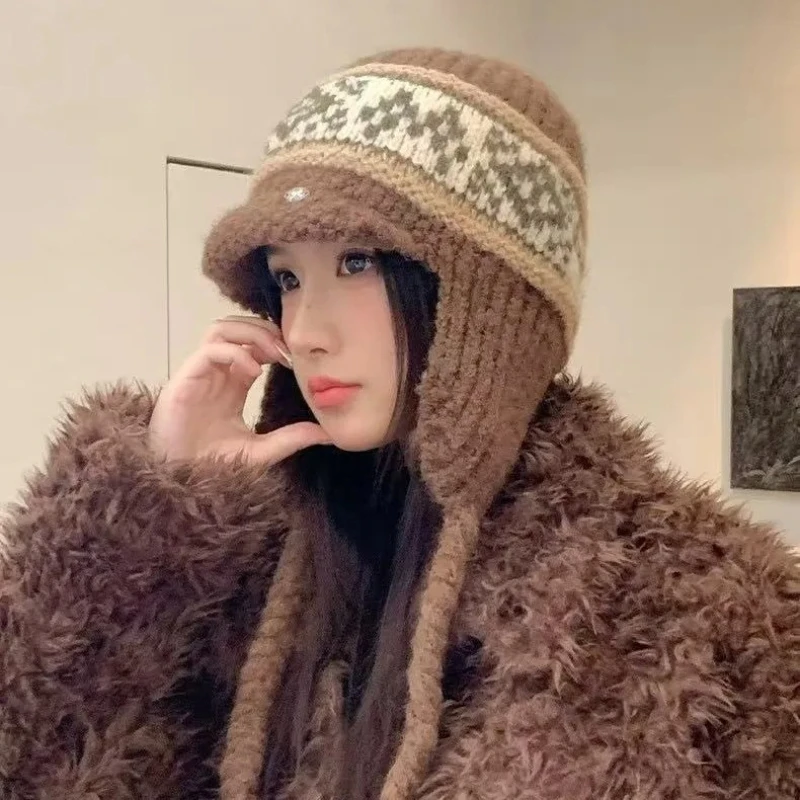 Fair Isle Retro Jacquard Women Earflap Beanies Stripe Long Braided Tassel Cord Bomber Hats Winter Thermal Soft Knit Bonnet Caps
