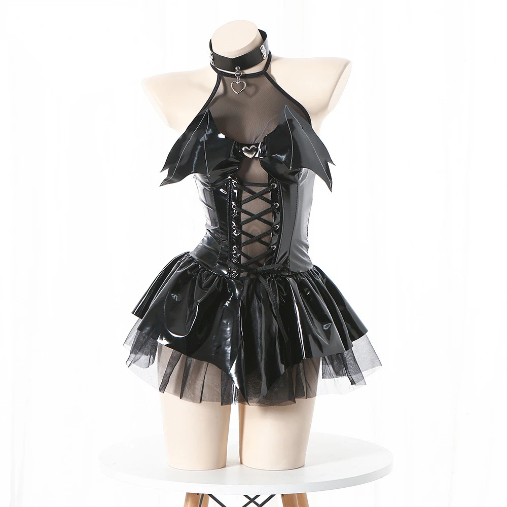 Gothic Punk Hexe Mädchen magisches Kleid Fledermaus Dämon schwarz Mesh Schnürung Leder Univon Lolita Teufel Cosplay Halloween Kostüme Karneval