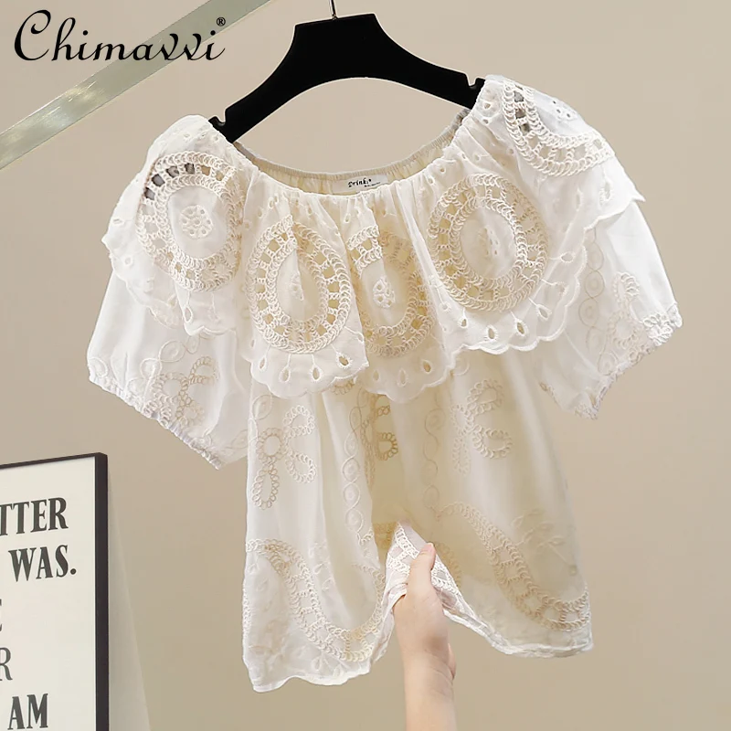 

Fashion Heavy Embroidery Flower Decoration Off-shoulder Short-sleeved Shirt Summer New Sweet Girl Elegant Loose Versatile Blouse