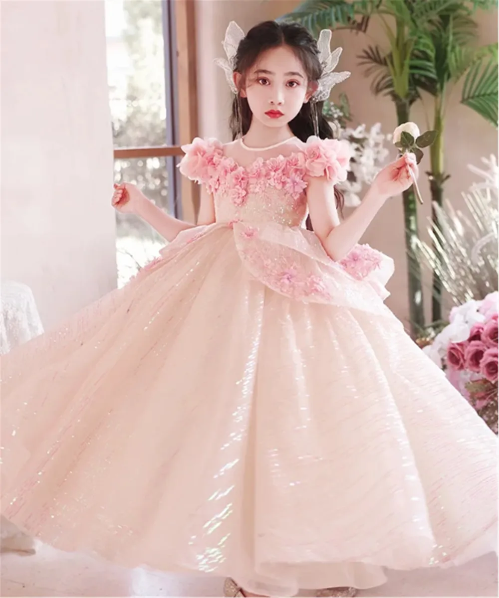 

Shiny Flower Girl Wedding Dress Floral Princess Luxury Girl Piano Playing Performance Costume Birthday Prom First Communion Gown