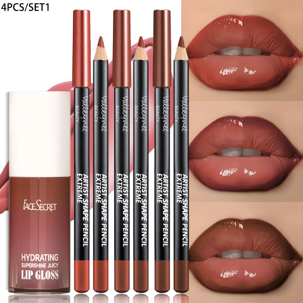 4 PZ/SET Set di matite per labbra con olio per labbra idratante lucidalabbra - Set di matite per labbra impermeabili a lunga durata Labbra 3D per una combinazione di labbra con finitura rugiada