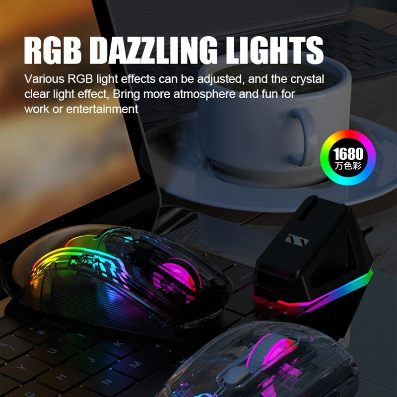 Imagem -02 - Rato para Jogos de Iluminação sem Fio Rgb com Doca de Carregamento Magnética Mouse com Fio para pc Gamer Transparente Bluetooth 2.4g Modos