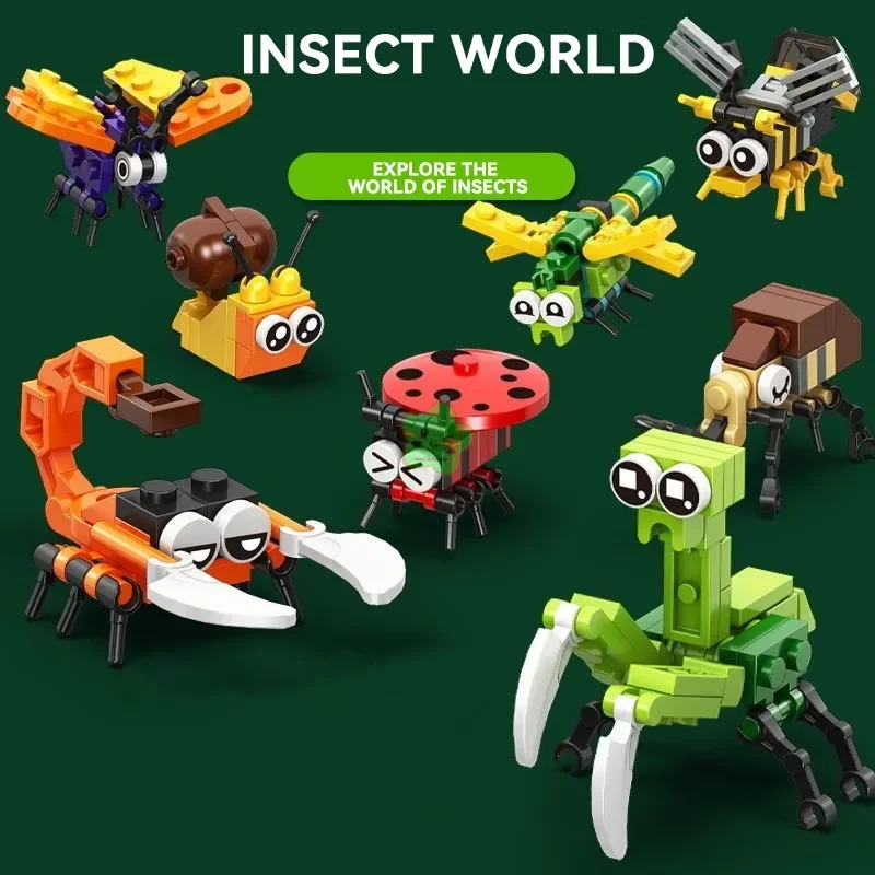 Conjunto de modelos de animales insectos, juguete de bloques de construcción, ensamblaje de abeja, libélula, Mantis, juguete de bloques, adornos de animales interesantes para regalo de niños