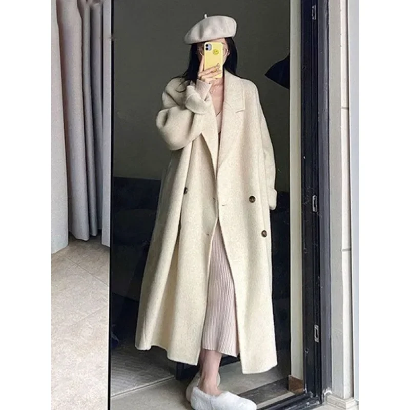 2024 Autumn Winter Korean Style Women's Mid-Length Wool Coat Double-Breasted Oversize Coat For Female Students Over Knee