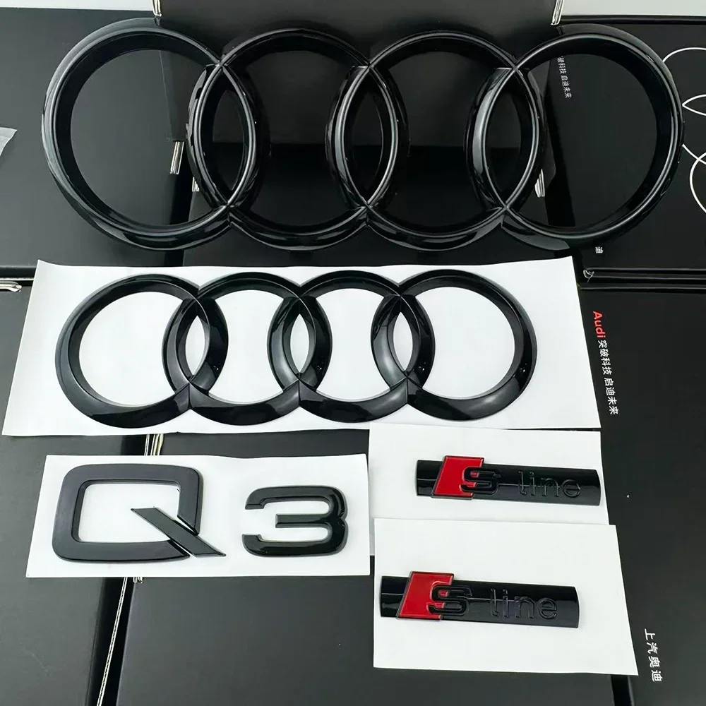 4Ring Logo ABS Black Car Hood Front Grille Emblem Rear Trunk Badge Sticker For audi Quattro Q3 2013-2022 Decoration Accessories