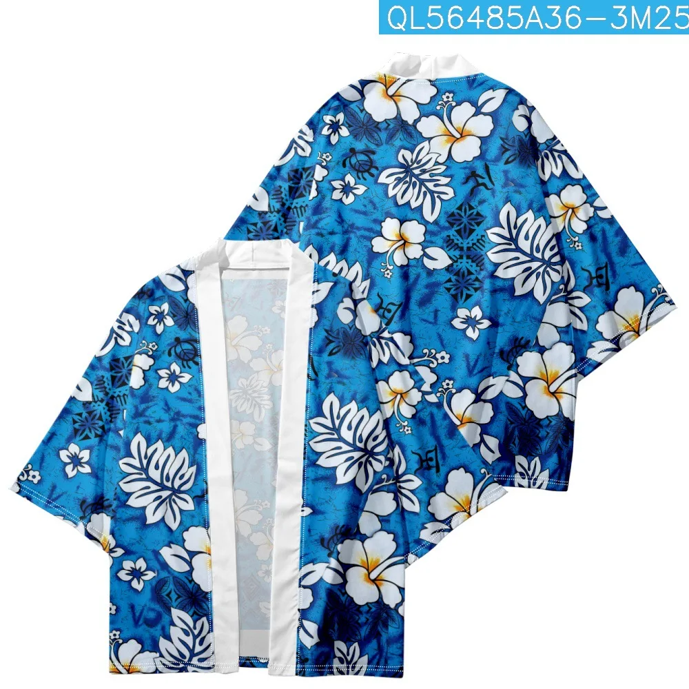 Cárdigan de moda japonesa para hombres y mujeres, blusa Haori Obi, ropa asiática Harajuku, Kimono con estampado Floral azul, ropa de calle samurái