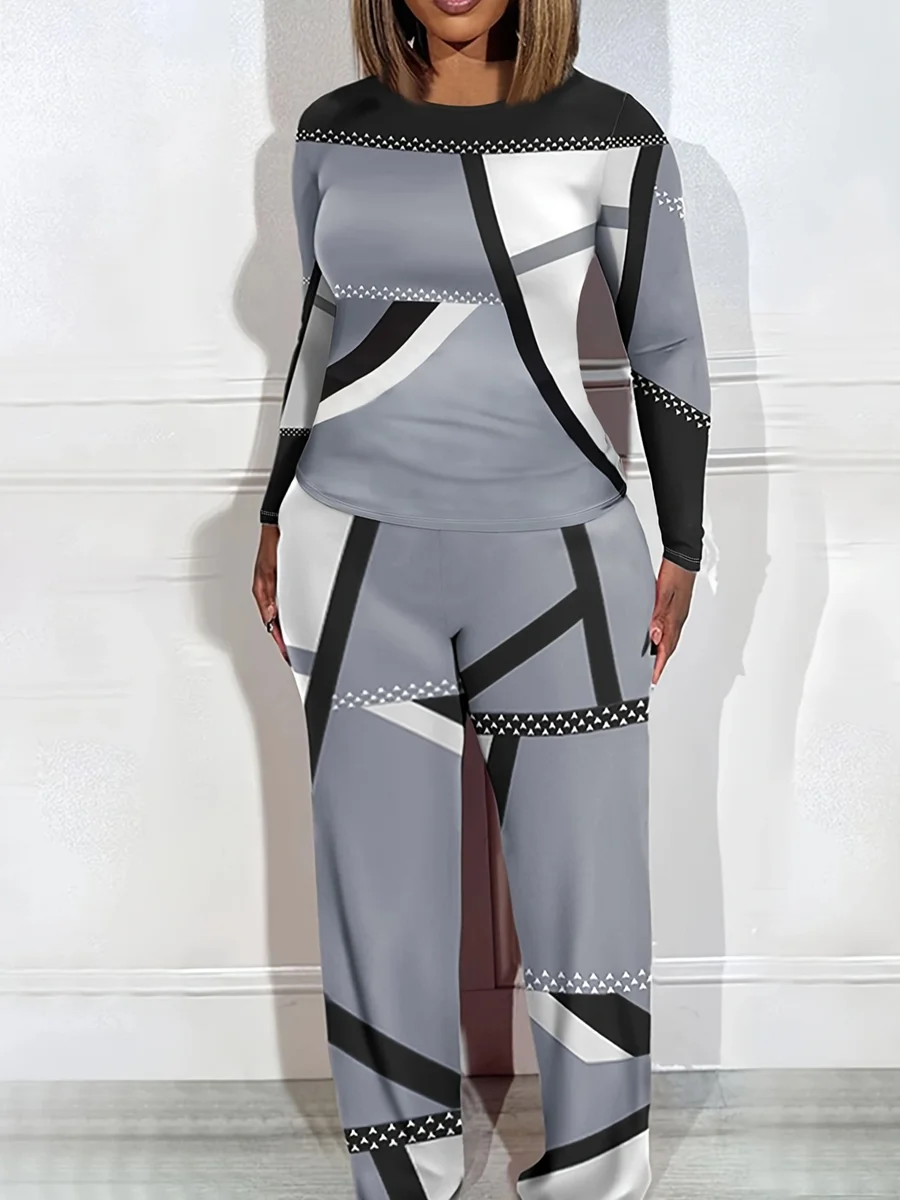 

LW Plus Size Two pieces sets long sleeve Geometric Print round neck Patchwork Top + loose Pants Set casual home women clothing