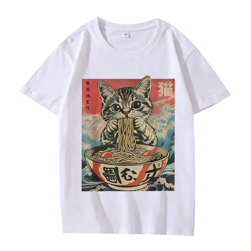 Kawaii Cat Ramen Anime T Shirt men women Oversized 100% Cotton Hot sale short sleeve Summer print  FASHION Unisex plus size tops