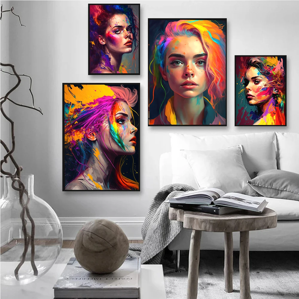 

Modern Personality Graffiti Colorful Female Character Poster Print Pop Art Painted Woman Canvas Painting Bedroom Home Decoration