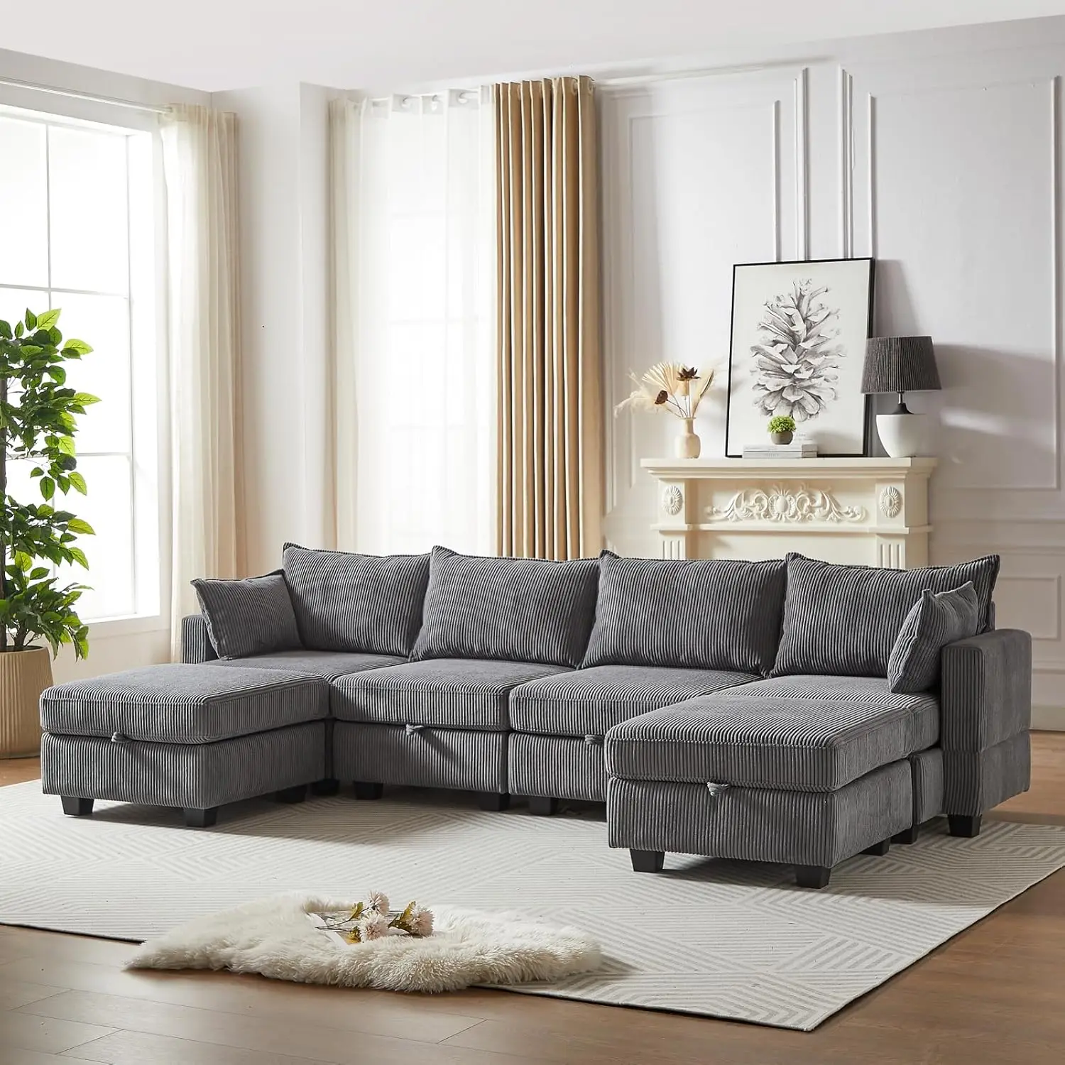 

113.5'' Modular Sectiona Corduroy Sofa, Sectional Couches for Living Room U Shaped Sectional Couch with Storage Ottoman