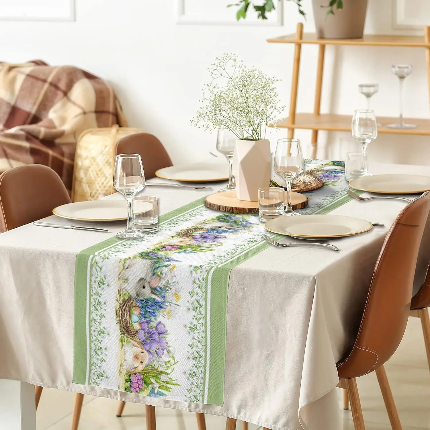 Bunny Rabbit Colorful Eggs Easter Spring Flowers Linen Table Runners Green Farmhouse Easter for Kitchen Dining Table Decorations