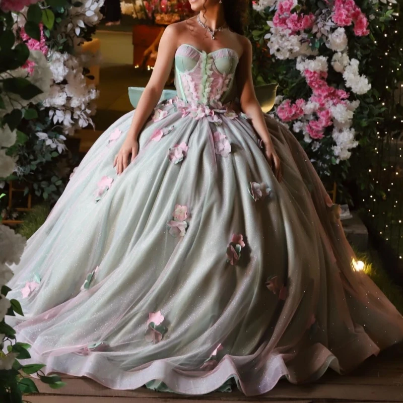 

Light Green Shiny Quinceanera Dresses Off Shoulder Ball Gown Sweet 16 Dress Flower Bow Tull Corset Birthday Party Vestidos 15