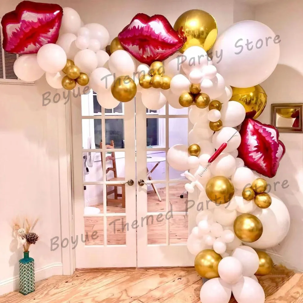 94/110pcs White Gold Balloon Garland Arch Kit Red Lips Foil Balloon for Girl Birthday Valentine's Day Wedding Party Decoration