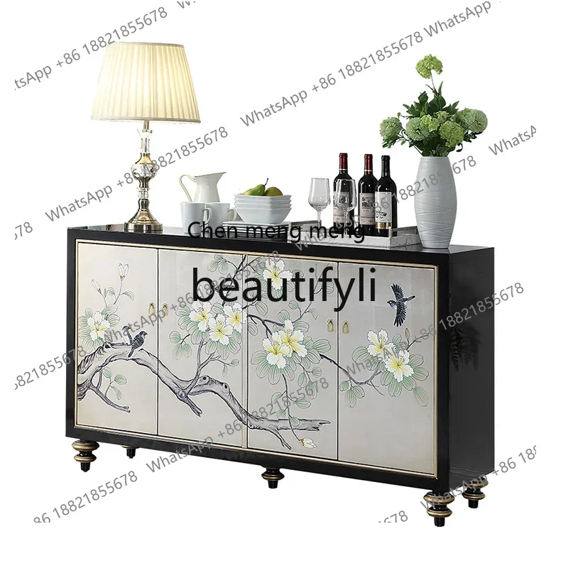 

N178 G Light luxury painted entrance shoe cabinet high sense living room solid wood flower and bird art dining side cabinet