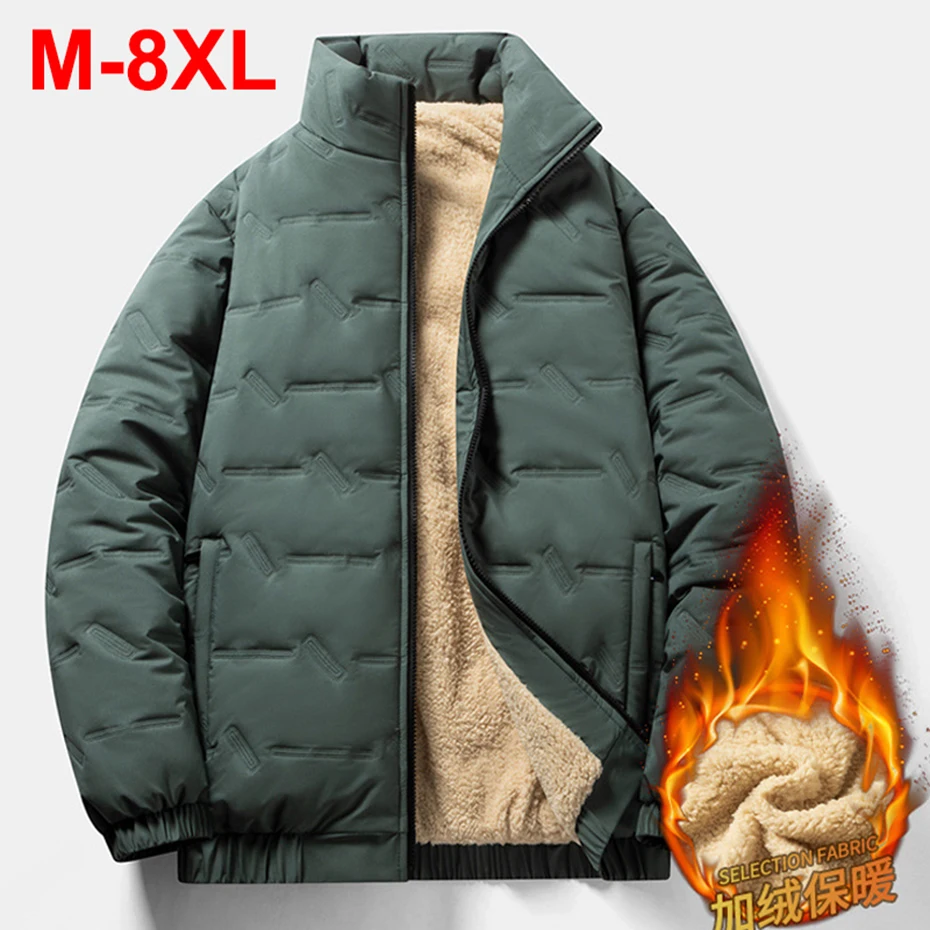 Jaket musim dingin empuk katun pria, mantel luar ruangan dengan lapisan wol tebal ukuran besar 8XL